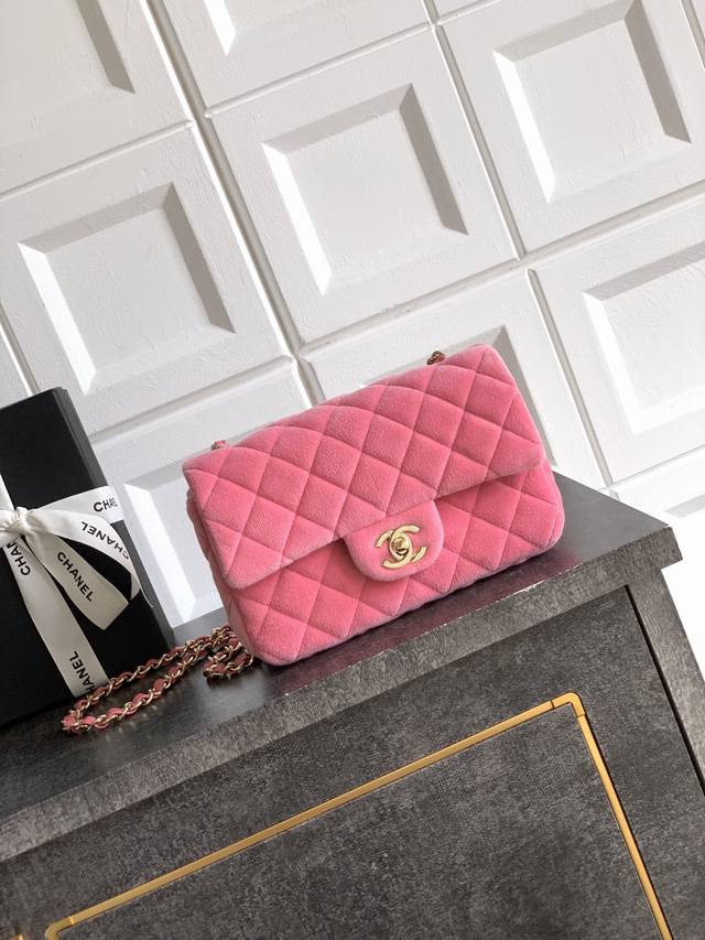 Sakura pink square fat man Ohanel Chanel velvet bag, diamond pattern + retro col