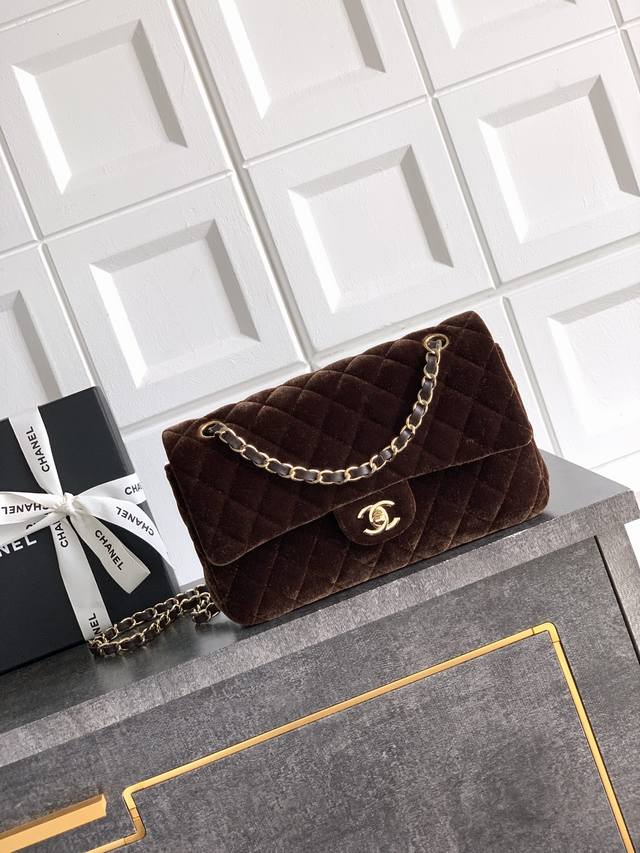 Double cover bag brown velvet Ohanel Chanel velvet bag, diamond pattern + retro