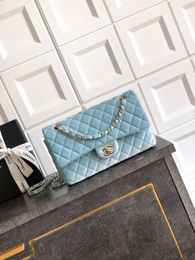 Lake blue 2.55 double-hooded Ohanel Chanel velvet bag, diamond pattern + retro c