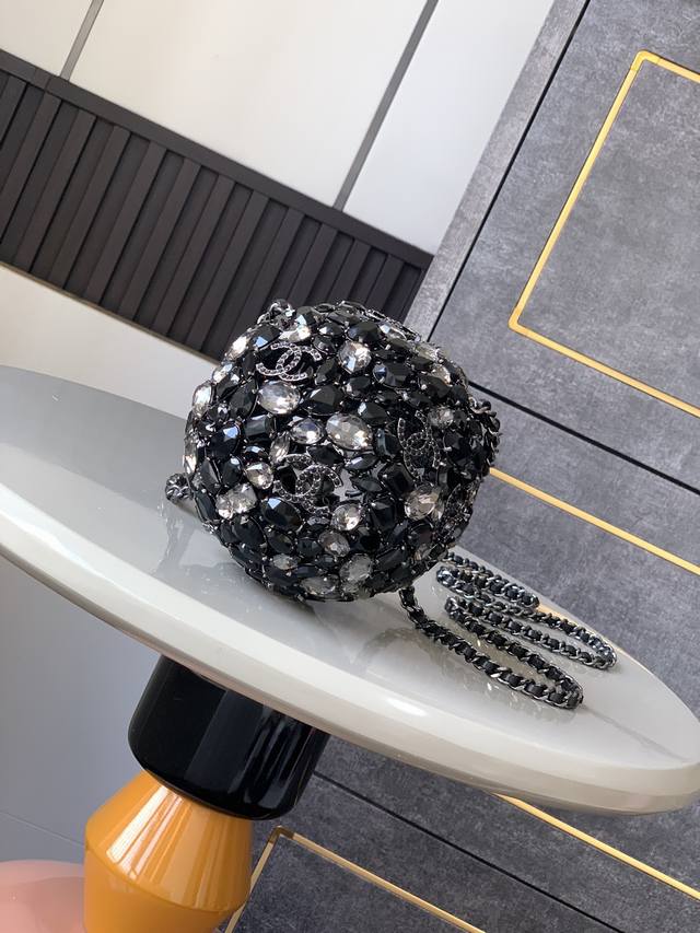Top-grade, original black crystal ball Chanel bag with a heavyweight, 24A diamon