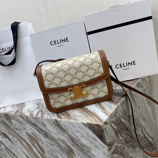 Celin. Triomphe Medium Hand-Rubbed Calfskin Shoulder Bag 9 x 6 x 3 inches (22 x