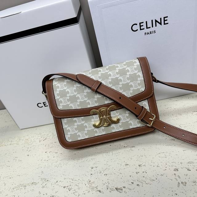 Ce Triomphe Medium Logo Print PVC and Calfskin Shoulder Bag 9 X 6 X 3 inches 22