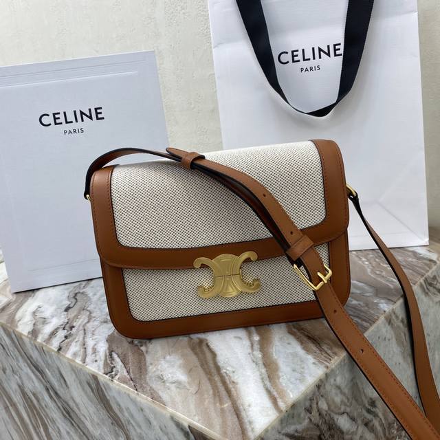 Celin. Triomphe Medium Canvas and Calfskin Shoulder Bag 9 x 6 x 3 inches 22 x 16