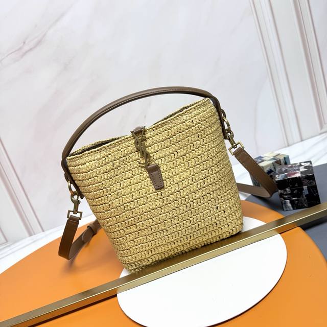 Apricot Woven Antique Gold 2025 Le37 Woven Bucket Bag, featuring raffia and vege