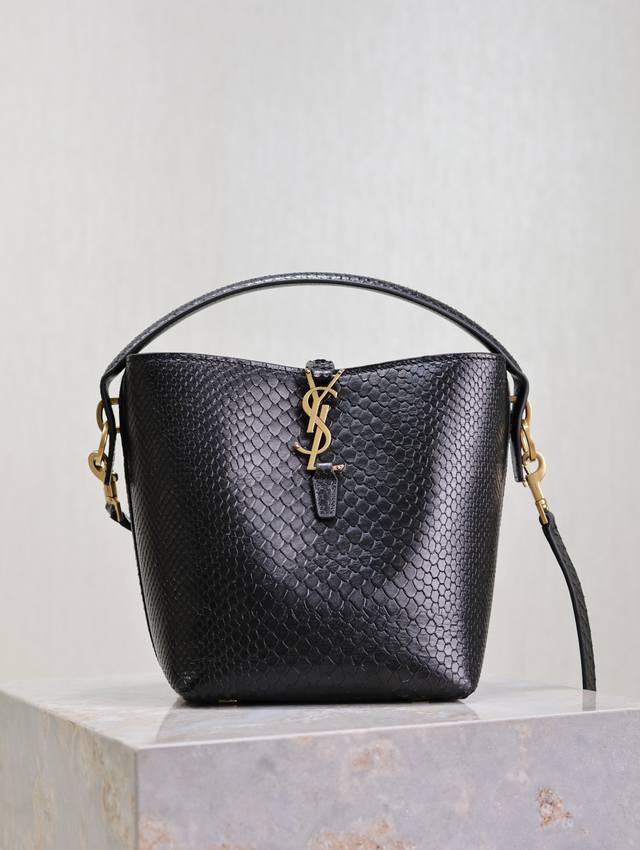 Le 37 Small Bucket Bag in Black Snake Print. A stunning bucket bag with a top ha
