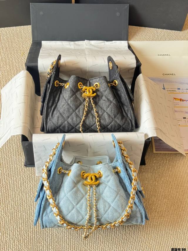 Original fabric Mini Chanel 25S light blue denim Hobo Chanel denim embroidered s