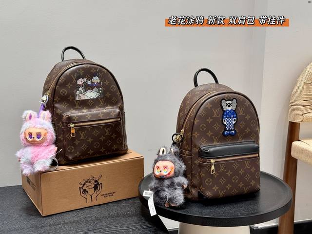 with Labu pendant Lv old flower graffiti new backpack unisex style large capaci