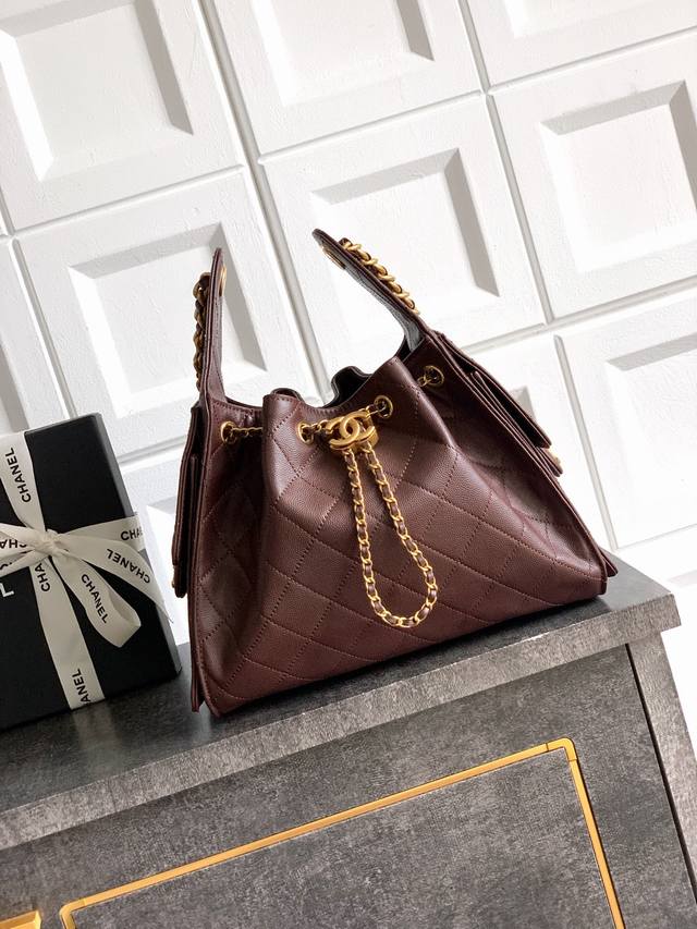 Top-quality original coffee brown small size Ohanel Caviar 25B, Hobo Bag drawst