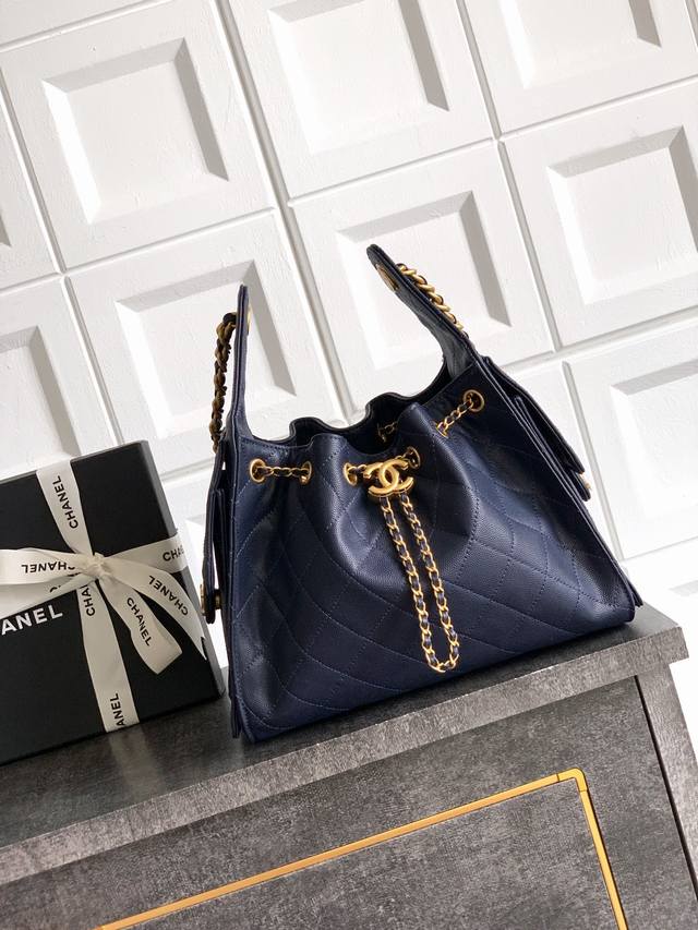 Top original navy blue small size 30cm size Ohanel Caviar 25S Hobo Bag drawstrin