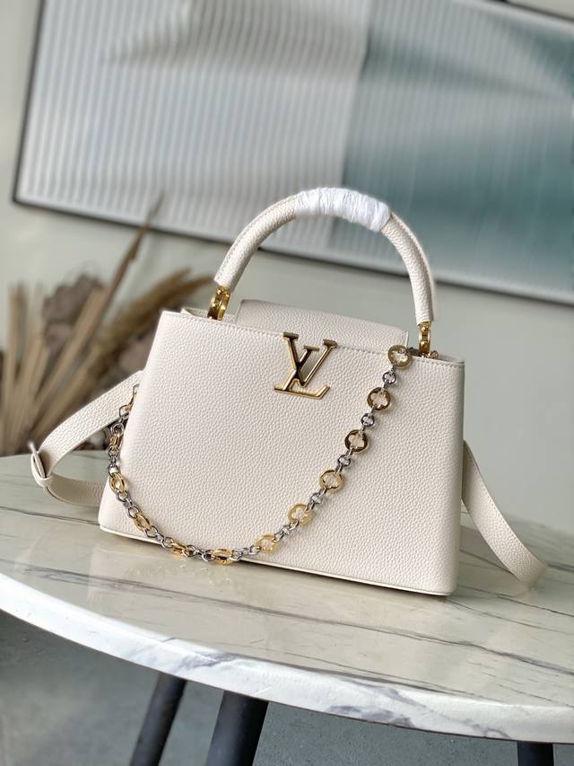 Premium Genuine Leather M12935 Cream Medium. This Capucines medium handbag is f