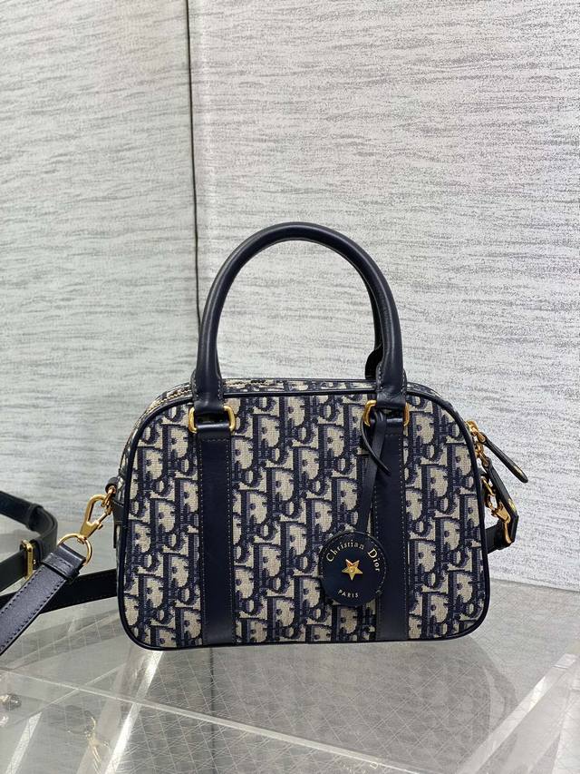 Authentic, high-end version D-Vibe bowling bag medium blue cloth and blue leathe