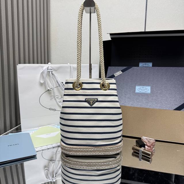 Premium Original New Bucket Bag 1Be082 Striped Style This fabric bucket bag fea