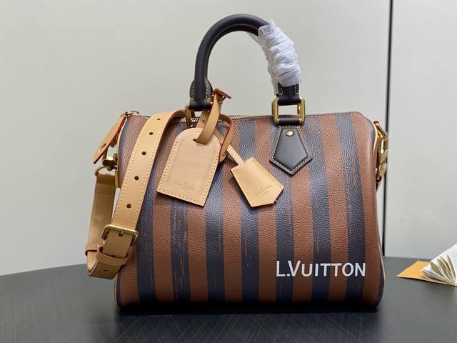Original boutique M14064 coffee striped full leather Speedy pillow bag. Speedy P