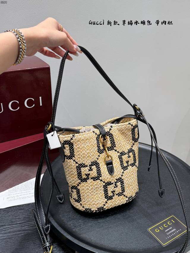 With boxSize 17*19 Gucci 25 new woven straw logo bucket bagThe original colors o