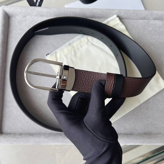 35mm Horseshoe-Shaped Buckle Grained Leather Belt with Palladium and Ruthenium P