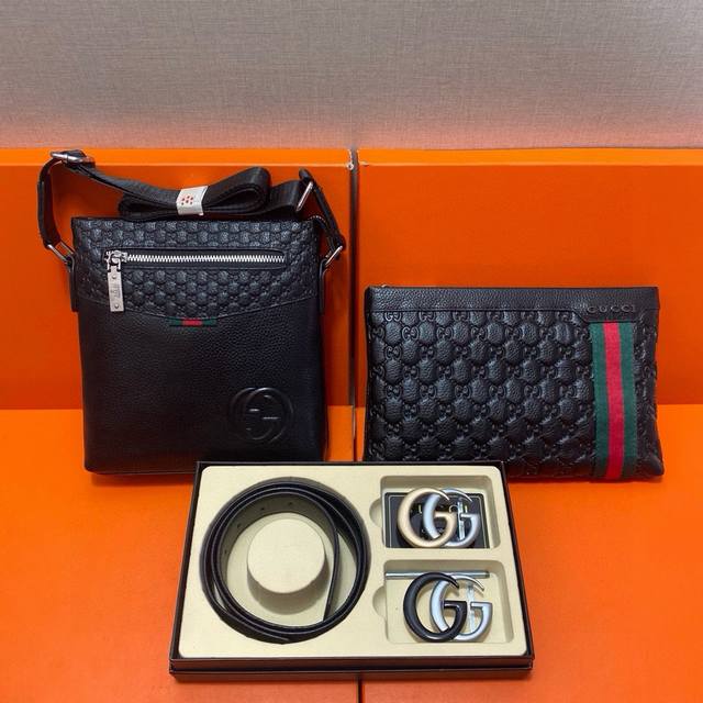 Gucci top-grain leather belt and bag combination gift box package. briefcase is