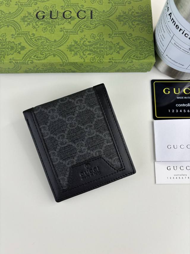Guccl latest men's short wallet black PVC fabric built-in can put "cash, bank ca