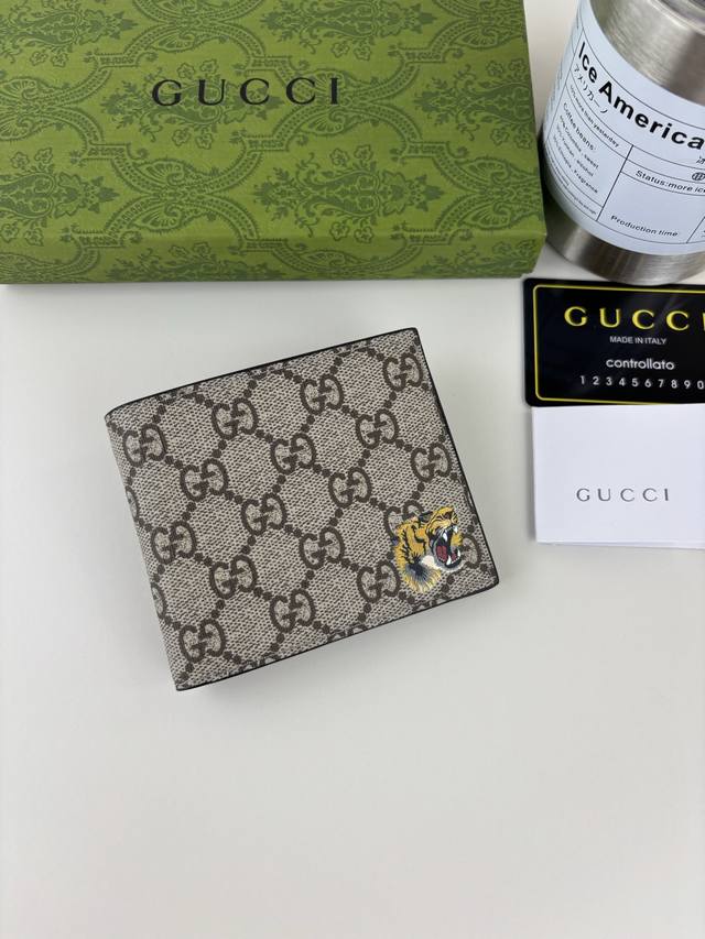 Guccl new men's short wallet! Counter synchronization, black leather, with PVC f