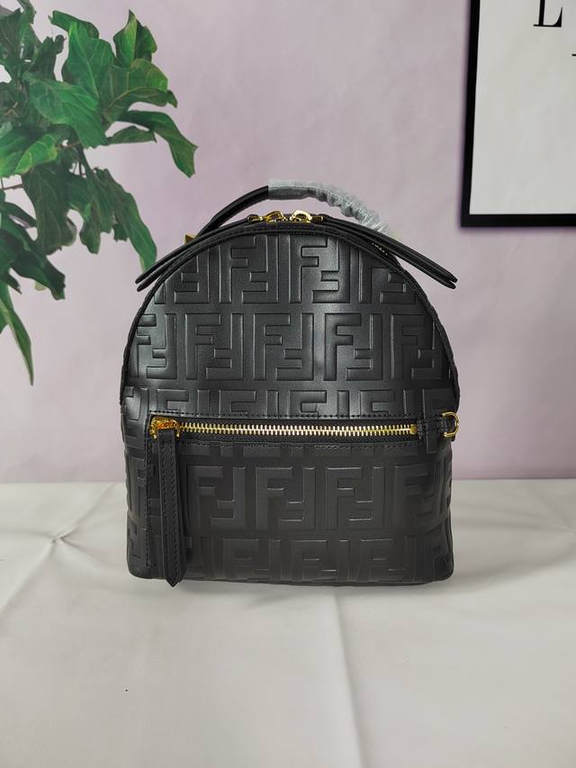 Style No. 8Bz038 Black backpack with embossed Ff pattern, double pull zipper, f