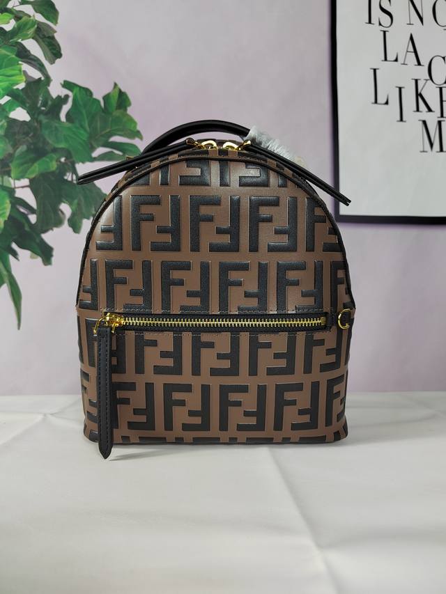 Style No. 8Bz038 Brown backpack with embossed Ff pattern, double pull zipper, f