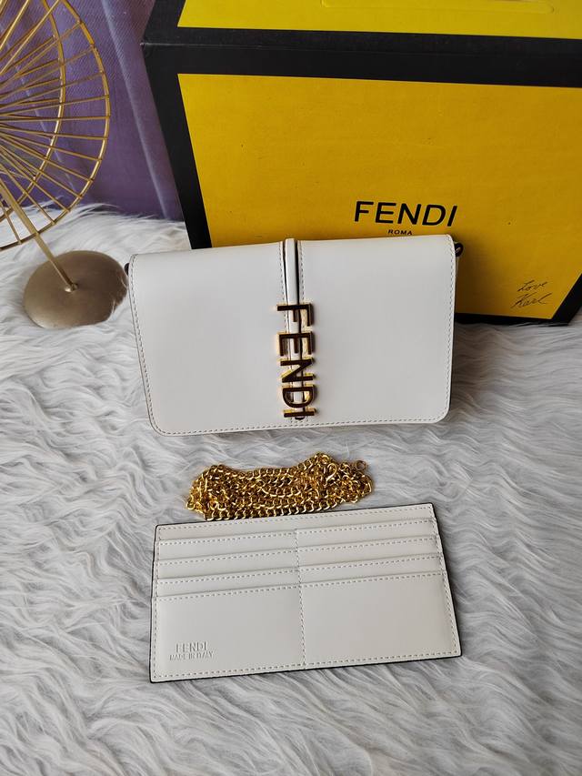 Style No. 8Bs076 White, Compact Fendlography Wallet with Flap, Eight Card Slots