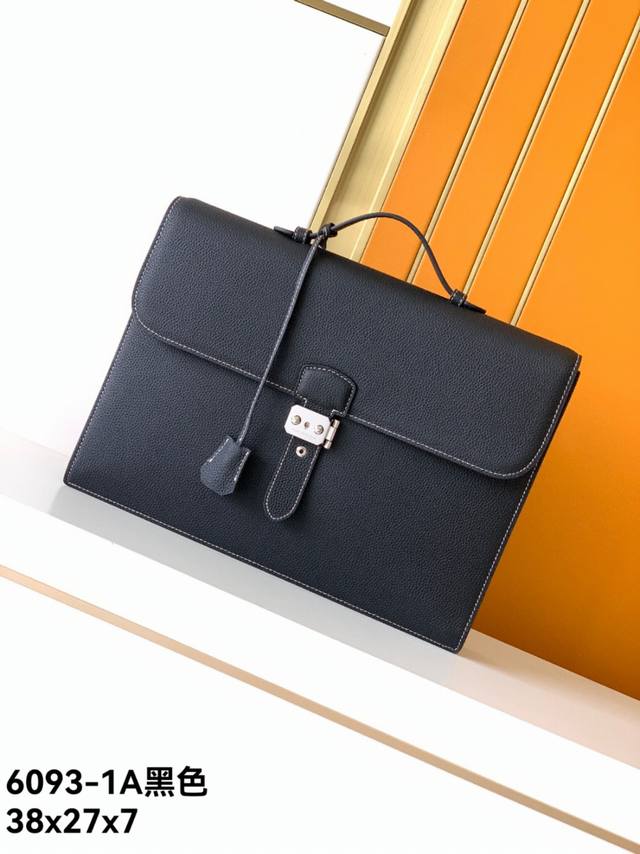 New briefcase model: 6093-1A# Black, top-grade, genuine Emma Italian leather, u