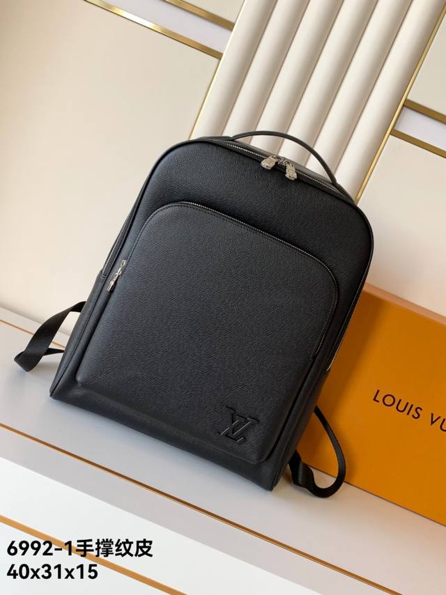 Backpack Model: 6092-1. Made of top-grain, hand-grained leather. Damier Linfini