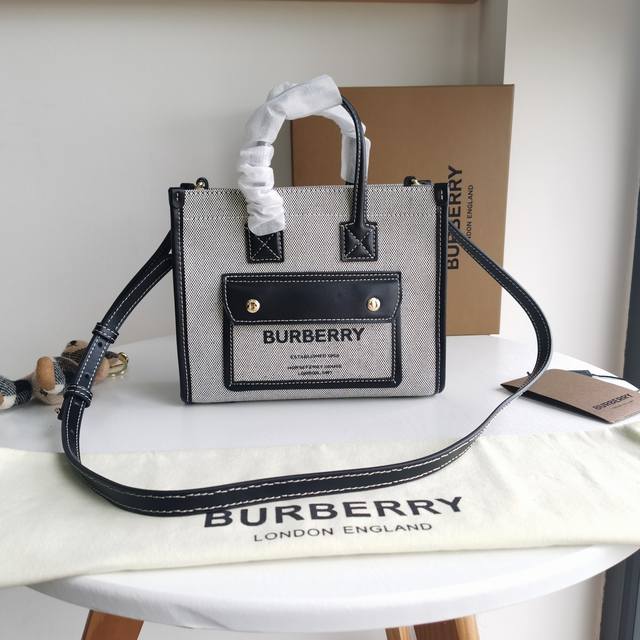 Premium Burberry Mini Two-Tone Canvas and Leather Freya Tote Bag, crafted from t