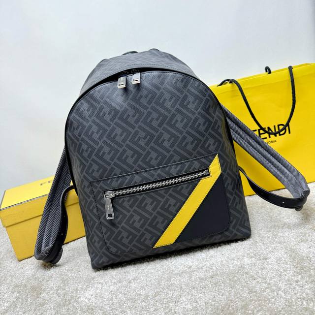 Structured Backpack. This design features a metal rivet engraved with the Ff lo