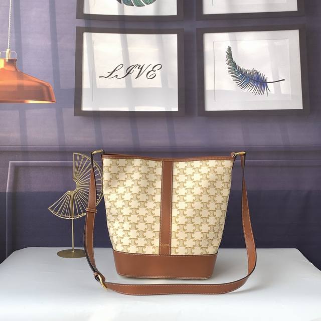 Style No. C191332 Apricot medium logo print bucket bag, artificial leather cowh