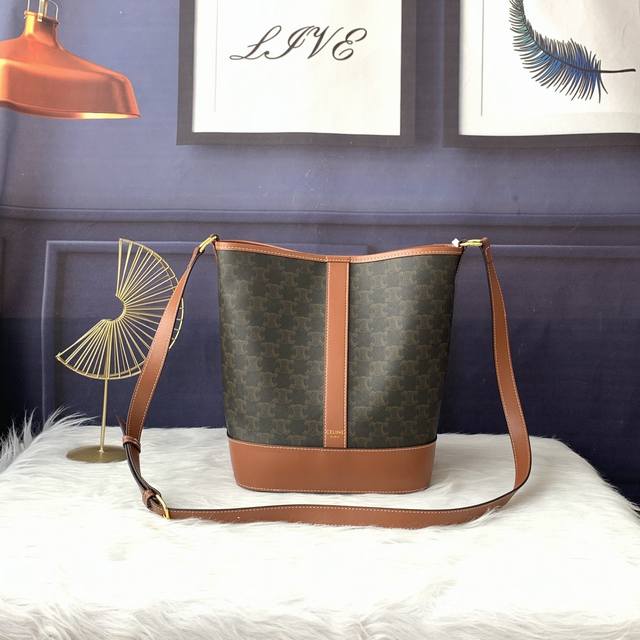 Style No. C191132 Medium logo print bucket bag, artificial leather cowhide, cab