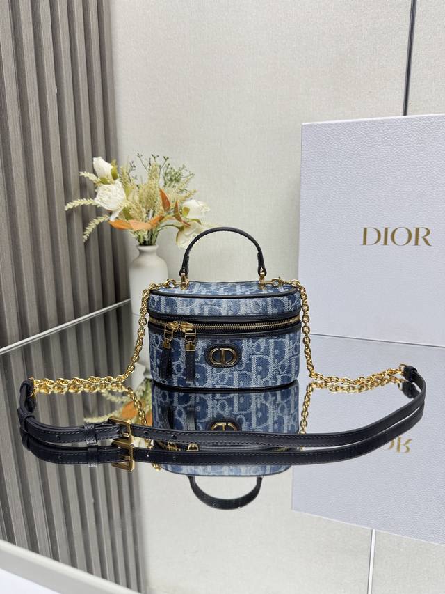Authentic, High-Quality Dior 30 Montaigne Mini Vanity Handbag in Denim Blue. Thi