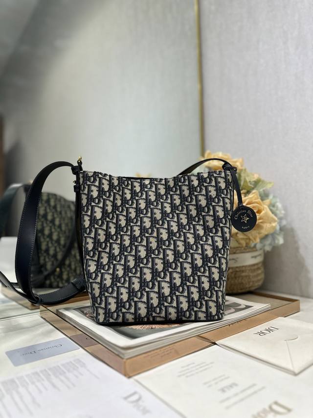 Authentic, High-Quality Version Diorstar Small Bucket Bag in Blue Fabric. This D