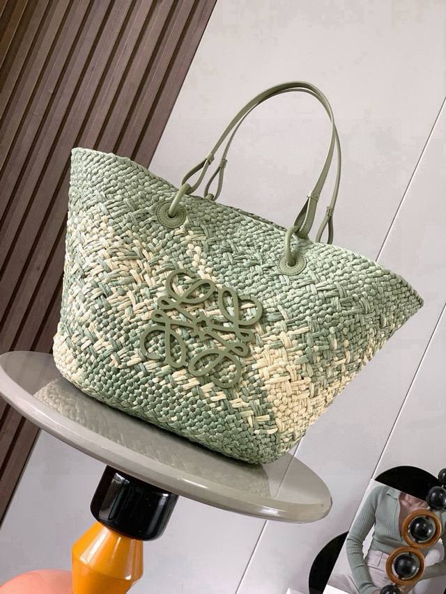 Original Leather Large Illacca Palm Fiber and Cowhide Anagram Basket Handbag. A