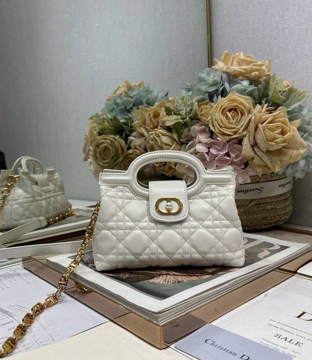 Authentic, High-Quality Dior Jolie Top Handle Mini Chain Handbag, White. This Di