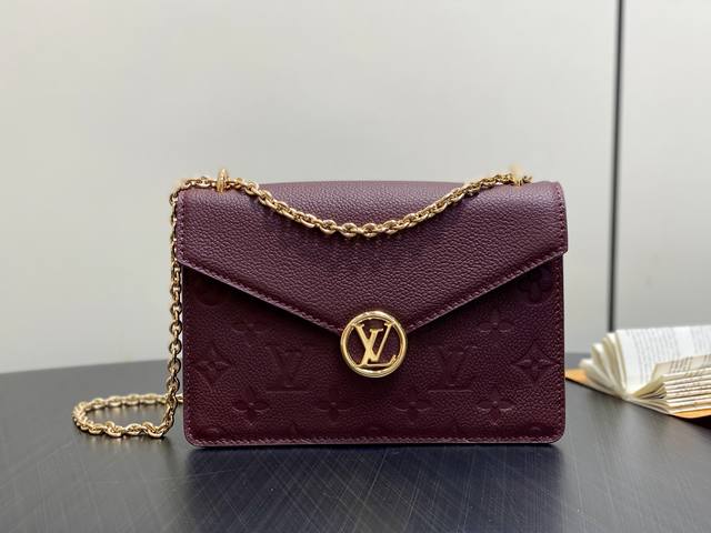 Original Quality M25814 Burgundy Full Leather Embossed Chain Envelope Bag, Porte