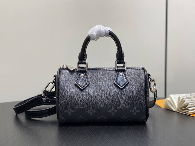 Original Quality M26573 Black Floral Mini Speedy Pillow Bag. This Nano Speedy ha