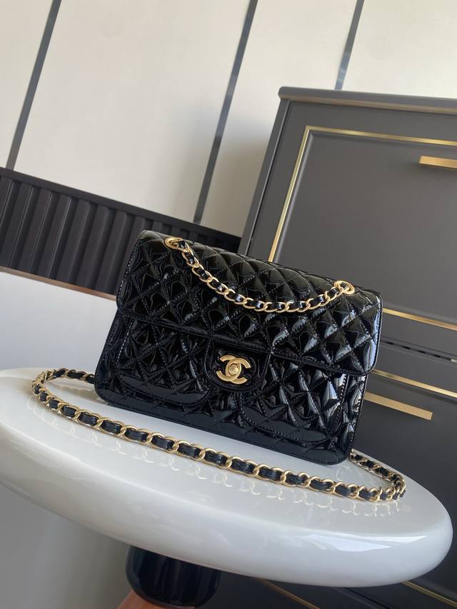 Large in stock ~ Chanel 25K double pocket in black patent leather. Very similar
