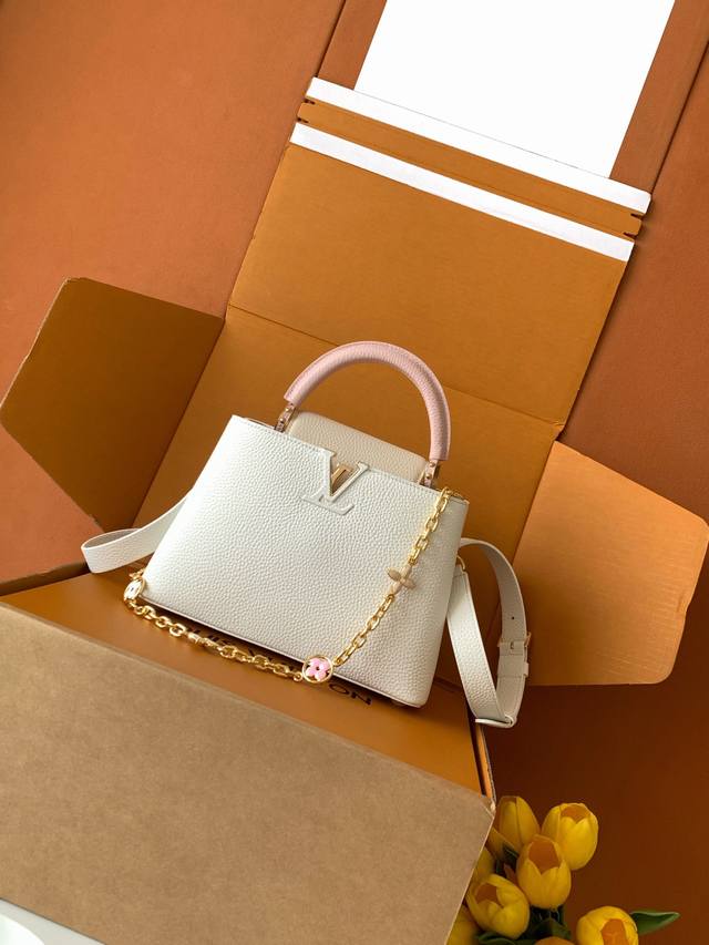 Premium All-Steel Hardware, Imported Cowhide Leather Capucines Model: M11342 Whi