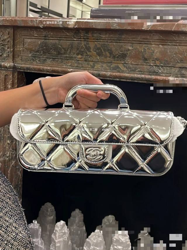 Top-quality original silver large-size Ohanel flap bag, 25K runway style, gold p