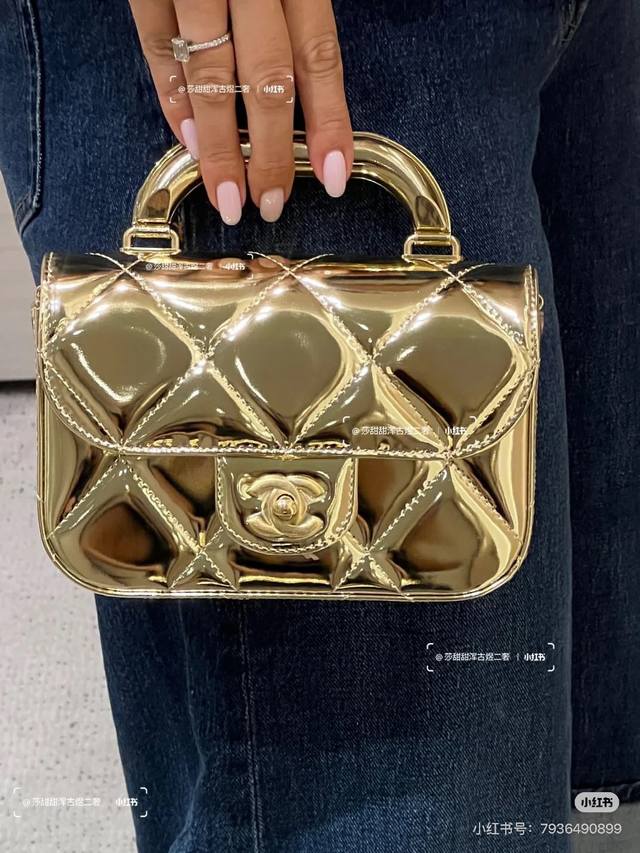 Top-quality original Ohanel 25K runway style gold patent leather handle flap bag