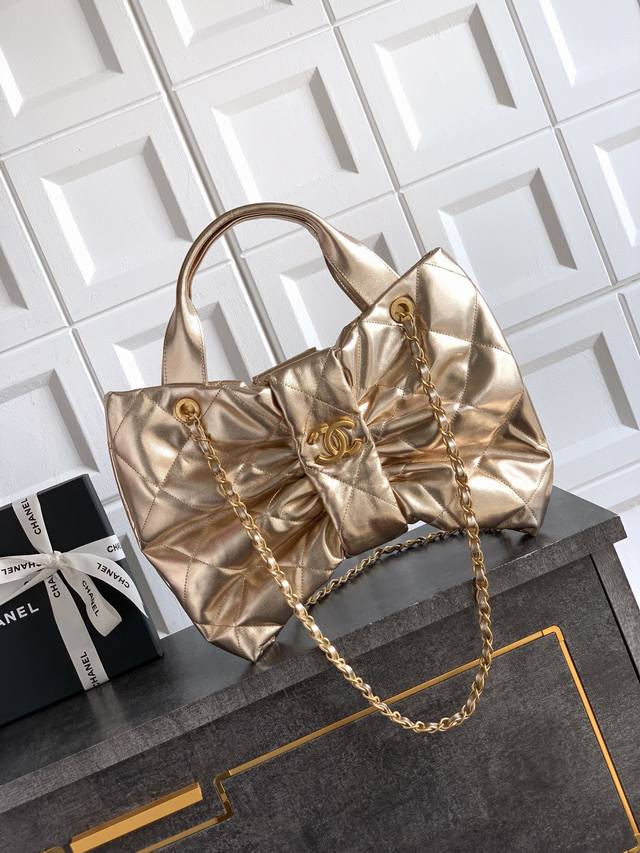 Top-tier original champagne gold large Ohanel bow bag design and style analysis: