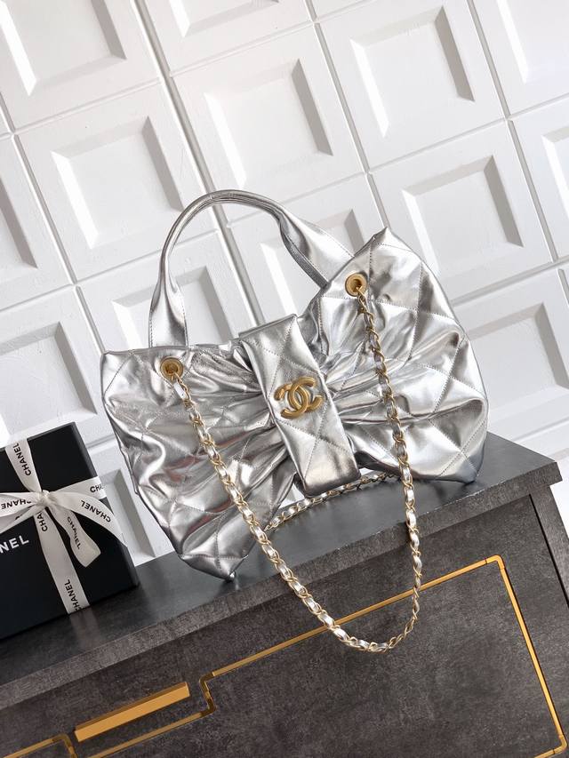 Top-tier original single-piece large Ohanel bow bag in luminous silver. Design a