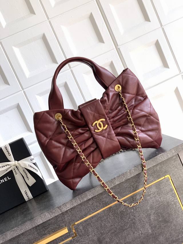 Top-tier original single-piece burgundy large Ohanel bow bag design and style an