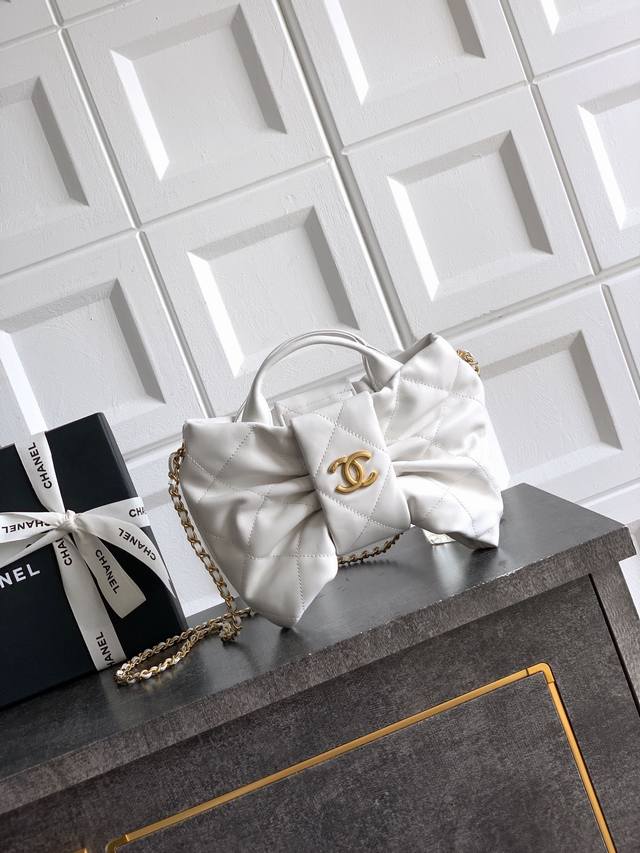 Top-tier original small milky white leather Ohanel bow bag design and style anal