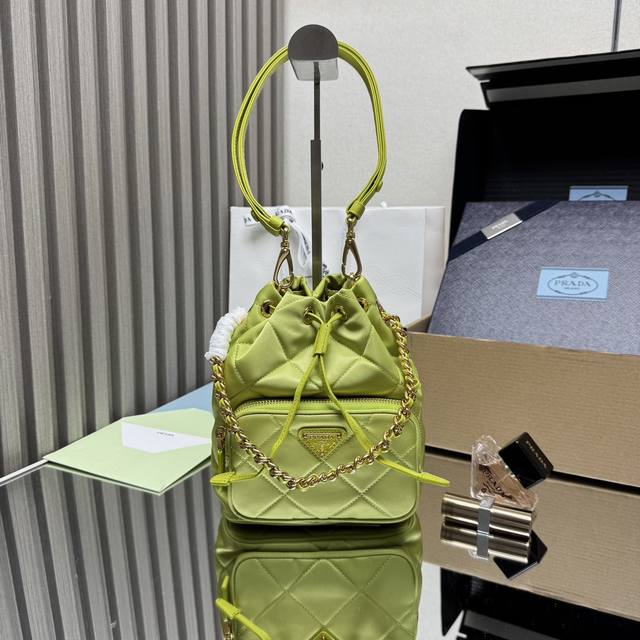 Top-quality original embroidered checkered bucket bag 1Bh038. This versatile Re-