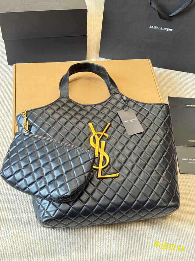 YSL Saint Laurent Icare Black and Gold Lambskin Tote Bag. This YSL Icare black a
