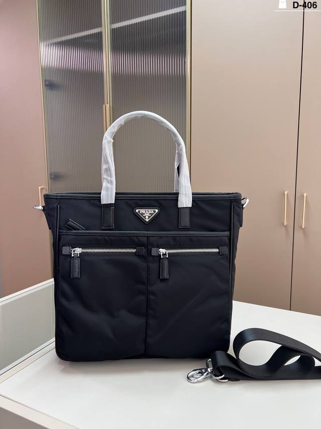 Prada nylon briefcase, men's casual handbag, laptop bag. Features exquisite inla