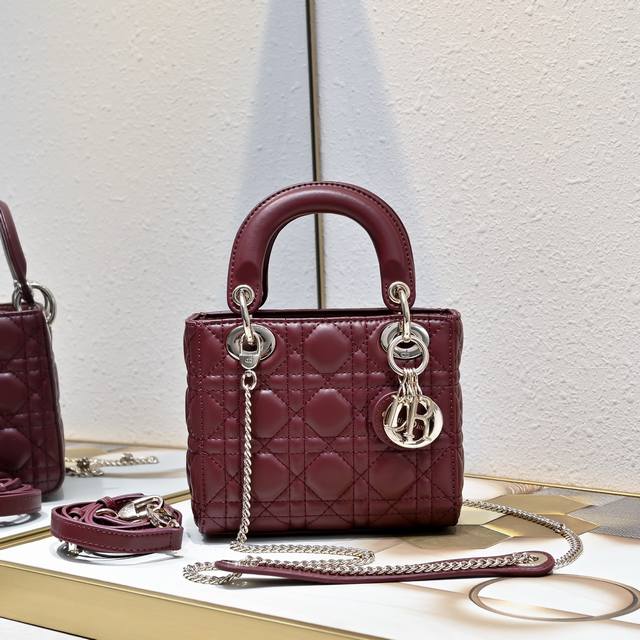 Three-compartment lambskin burgundy Mini Lady Dior, newly upgraded with leather