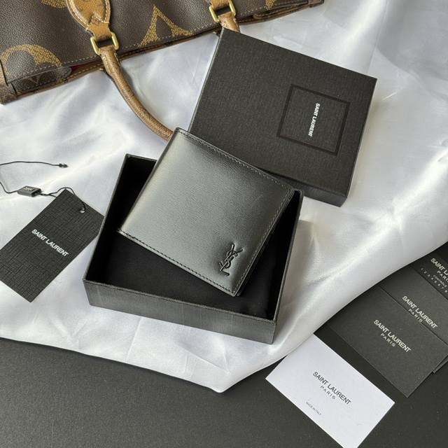 Top-quality original YSL men's wallet, black toothpick-textured cowhide leather.